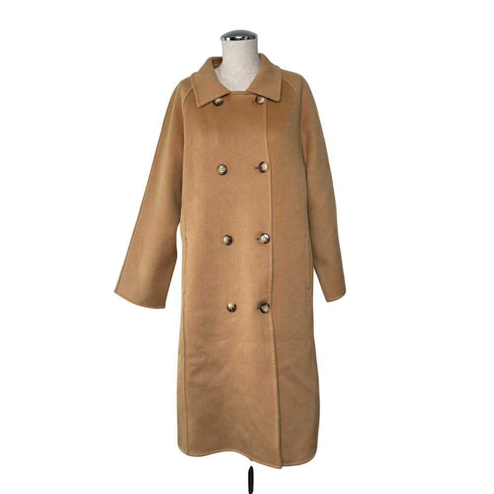 Camel Tan Wool Blend Double Breasted Long Coat Fall Winter Medium Minimalism